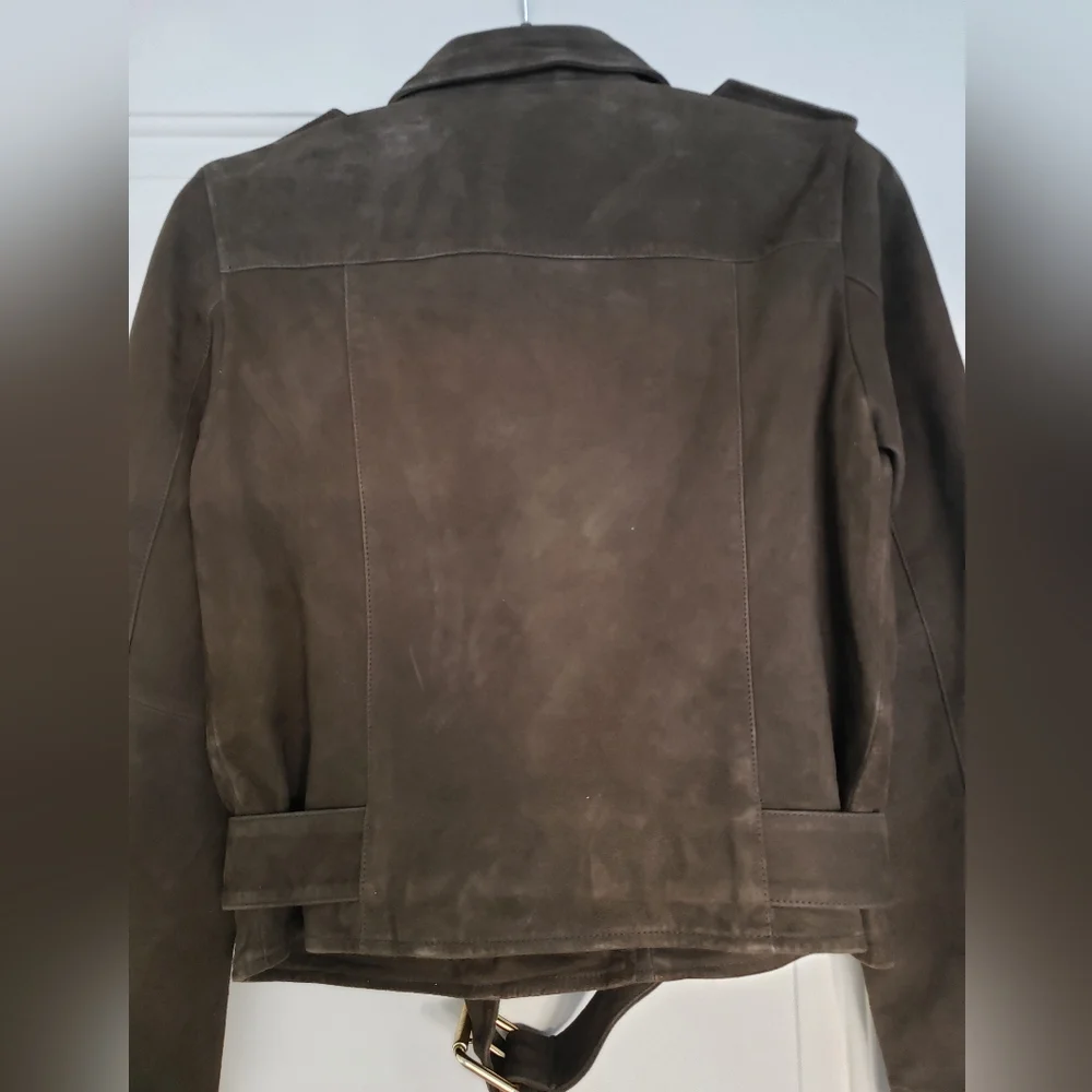 Allsaints suede balfern biker jacket in dark green womens size 2 - Picture 6 of 16